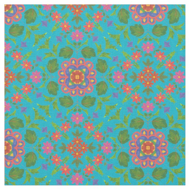 Floral Rangoli Pattern Turquoise Custom Fabric (Close Up)