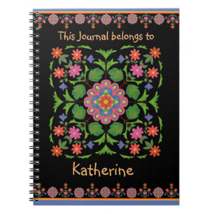 Floral Rangoli Patterns on Black Spiral Notebook
