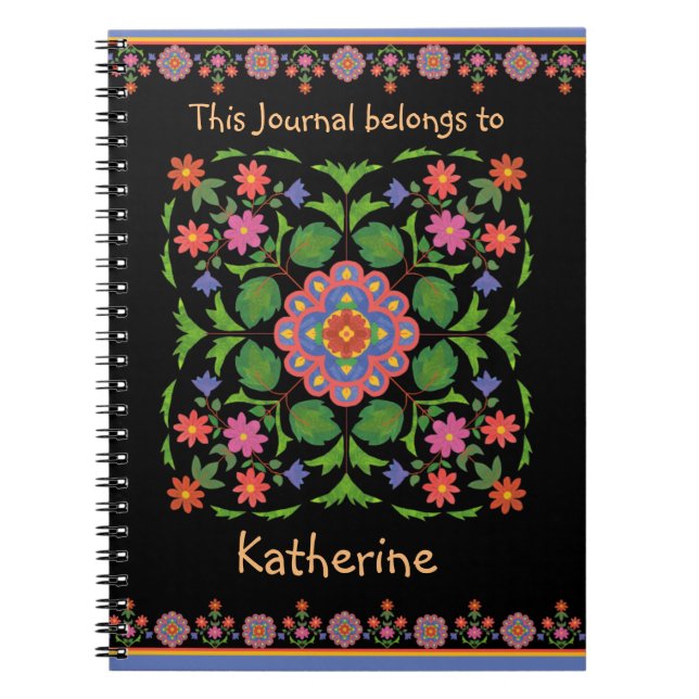 Floral Rangoli Patterns on Black Spiral Notebook (Front)