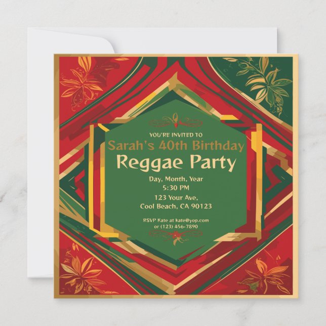 Floral Rasta Colours Customisable Reggae Party Invitation (Front)