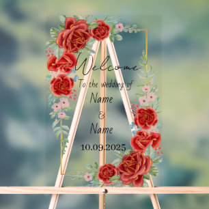 Floral red acrylic wedding sign 