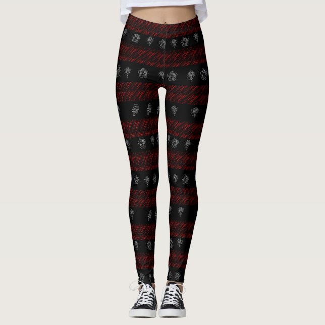 Floral Red and Black Striped Leggings (Front)