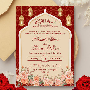 Floral Red and Gold Islamic Muslim Wedding  Invitation