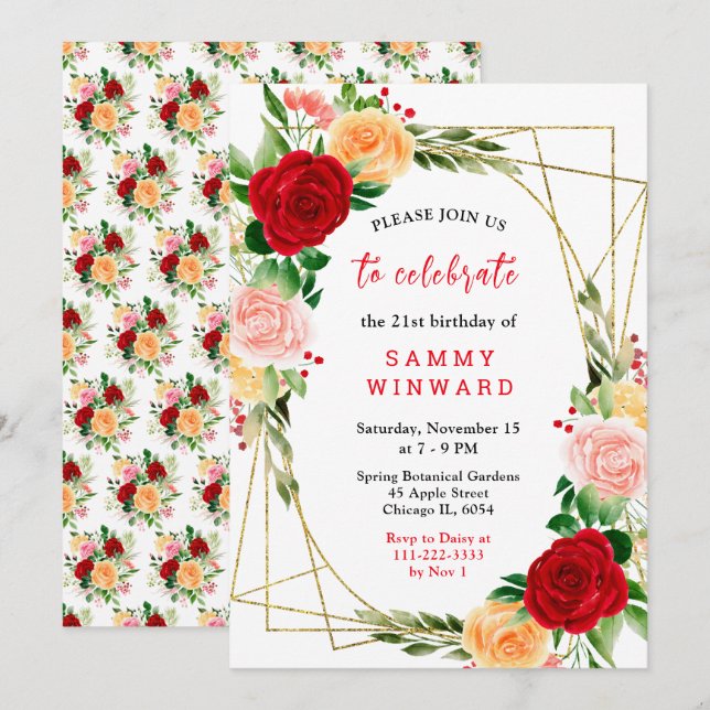 Floral Red and Orange Roses Birthday Invitation (Front/Back)