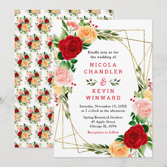 Floral Red and Orange Roses Wedding Invitation (Front/Back)