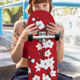 Floral Red And White Cherry Blossom Skateboard
