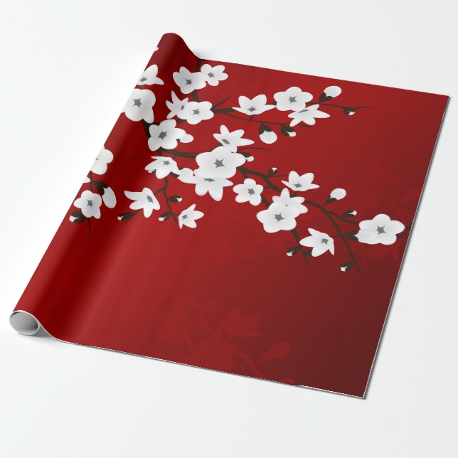 Floral Red And White Cherry Blossom Wrapping Paper (Unrolled)