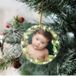 Floral Red Berries Greenery Wreath Photo Ceramic Tree Decoration<br><div class="desc">Beautiful floral Christmas ornament with your photo inside a floral berry wreath of sage green greenery,  white flowers,  and red berries. Add your baby's name and the year on the back.</div>
