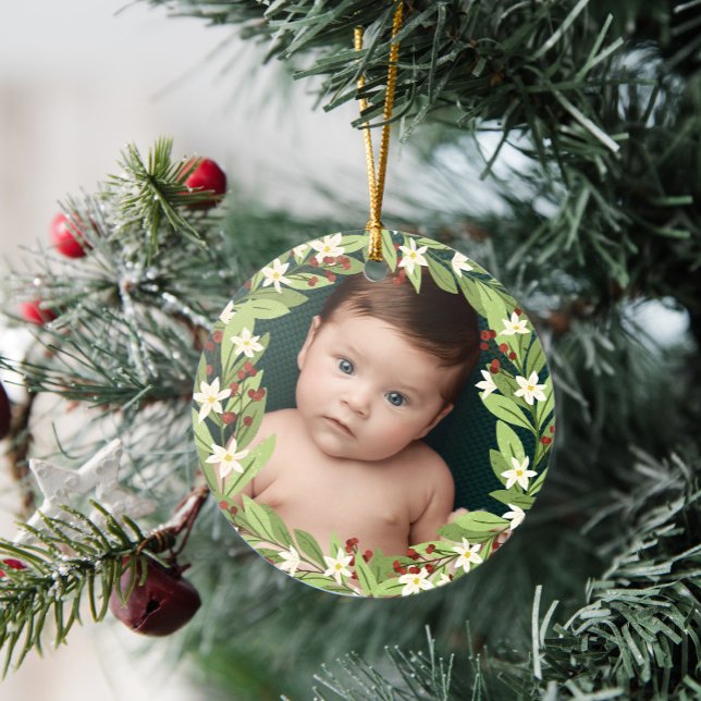 Floral Red Berries Greenery Wreath Photo Ceramic Tree Decoration (Creator Uploaded)