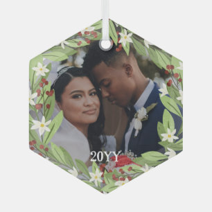 Floral Red Berries Greenery Wreath Photo Glass Tree Decoration