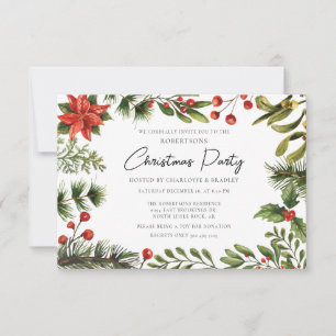 Floral Red Berries Watercolor Christmas Party Invitation