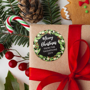 Floral Red Berry Greenery Wreath Merry Christmas Classic Round Sticker