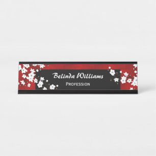 Floral Red Black White Cherry Blossom Desk Name Plate
