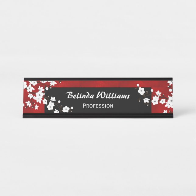 Floral Red Black White Cherry Blossom Desk Name Plate (Front)