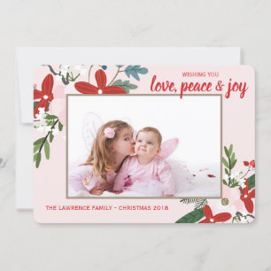 Floral Red Blush Pink Christmas Holiday Photo Card