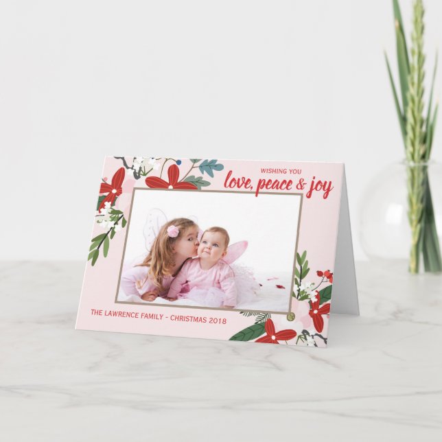 Floral Red Blush Pink Christmas Holiday Photo Card (Front)