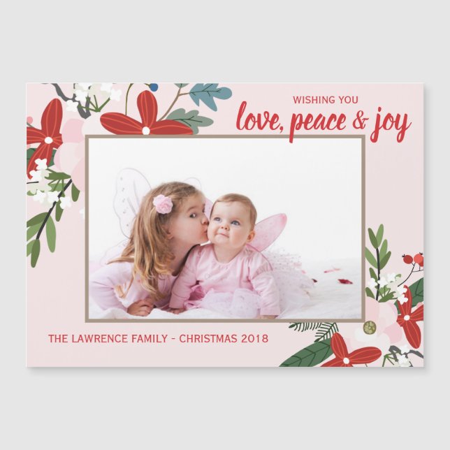 Floral Red Blush Pink Christmas Holiday Photo Card (Front)