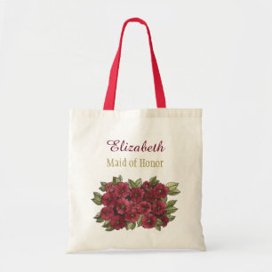 Floral Red Bouquet Bridal Bridesmaid with Name Tote Bag