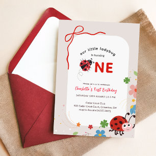 Floral Red Bow Little Ladybug Girl 1st Birthday Invitation