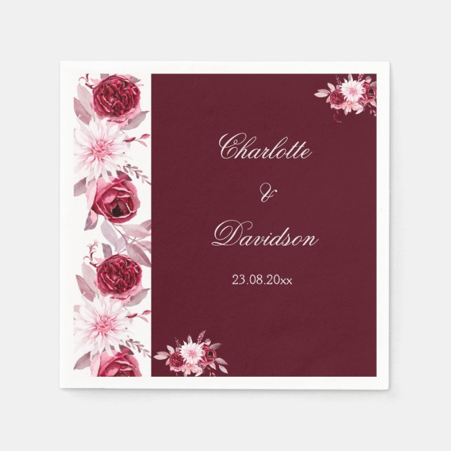 Floral Red Burgundy Blush Pink Watercolor Wedding Napkin (Front)