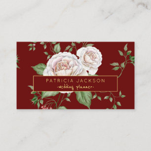 Floral Red Burgundy Gold Script   Wedding Planner Business Card