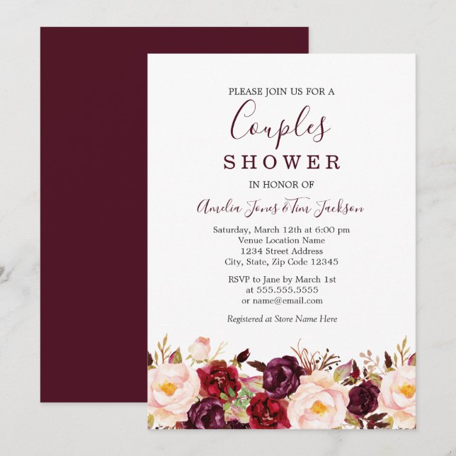 Floral Red Burgundy Marsala Wedding Couples Shower Invitation (Front/Back)