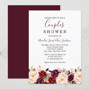 Floral Red Burgundy Marsala Wedding Couples Shower Invitation