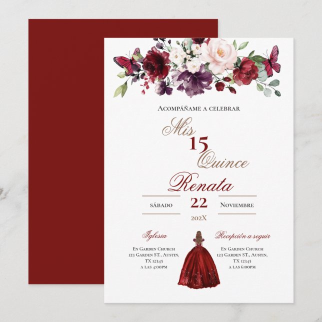 Floral Red Burgundy Quinceañera Invitation Spanish (Front/Back)