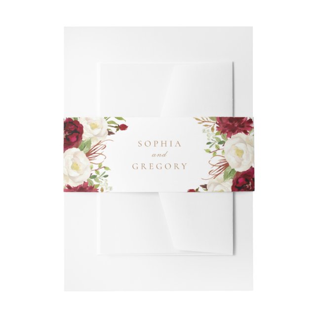 Floral Red Burgundy White Elegant Wedding Invitation Belly Band (Front Example)