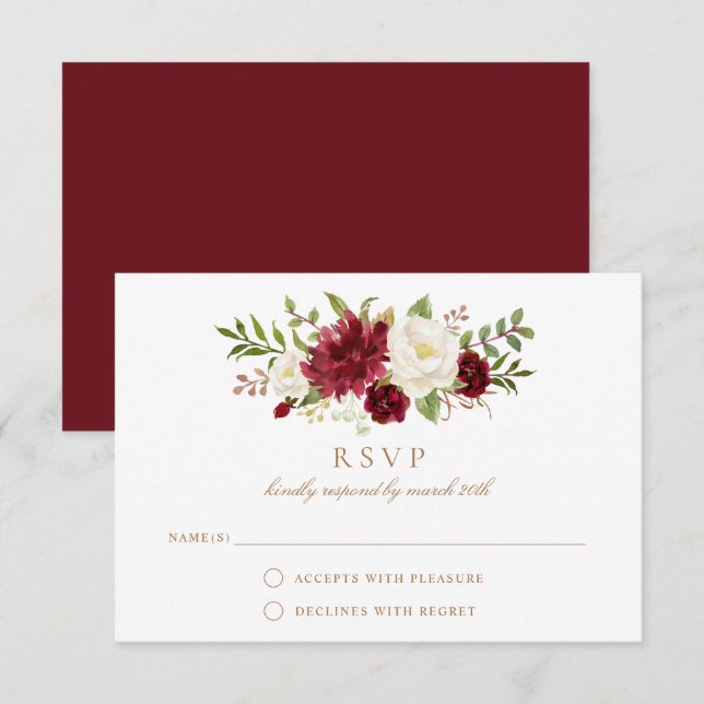 Floral Red Burgundy White Elegant Wedding RSVP Invitation (Front/Back)