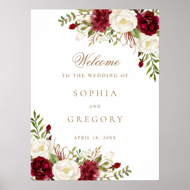Floral Red Burgundy White Elegant Wedding Sign (Front)
