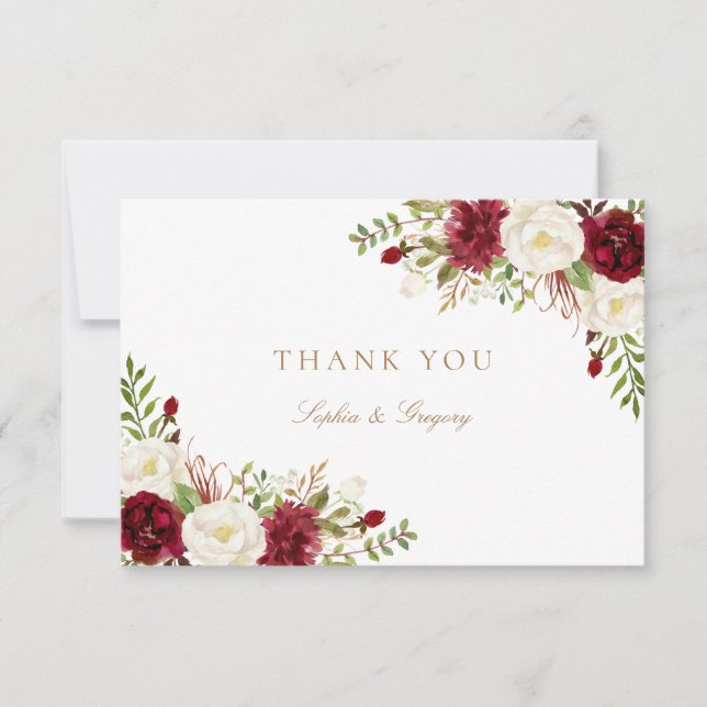 Floral Red Burgundy White Gold Thank You Card (Front)