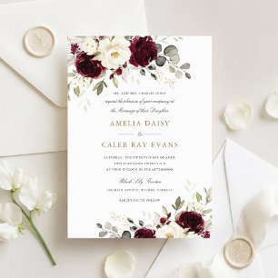 Floral Red Burgundy White Greenery Wedding Invitation