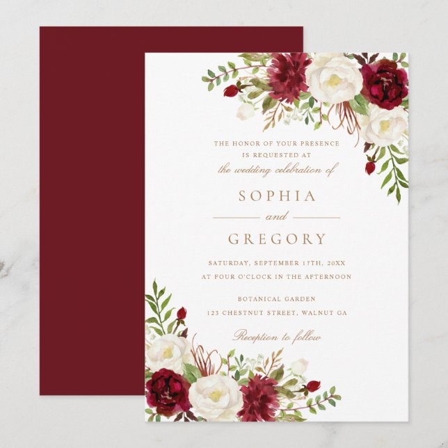 Floral Red Burgundy White Modern Elegant Wedding Invitation (Front/Back)
