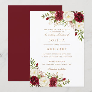 Floral Red Burgundy White Modern Elegant Wedding Invitation