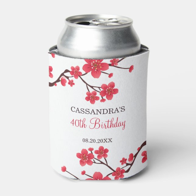 Floral Red Cherry Blossom Sakura Birthday Can Cooler (Can Front)