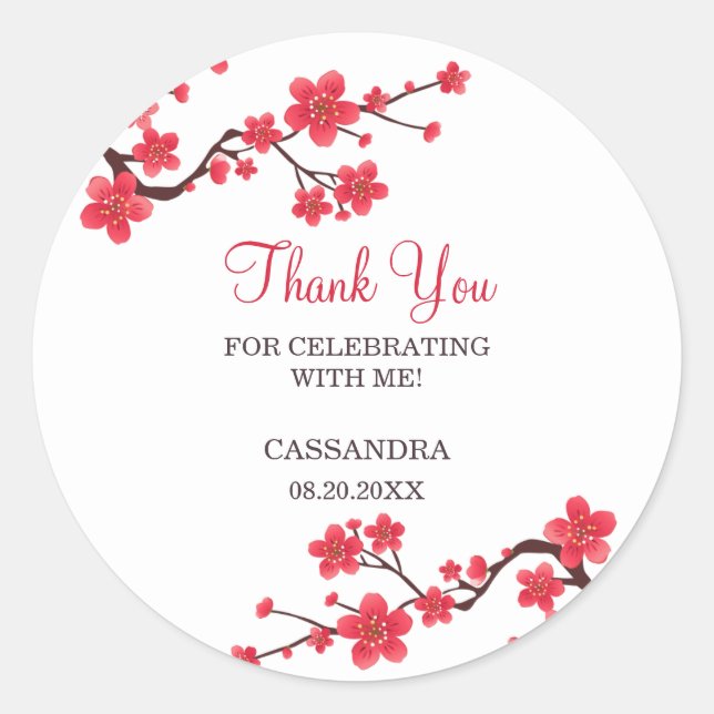 Floral Red Cherry Blossom Sakura Thank You Classic Round Sticker (Front)