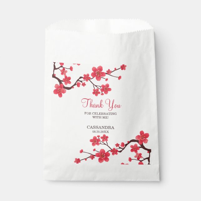 Floral Red Cherry Blossom Sakura Thank You Favour Bags (Front)