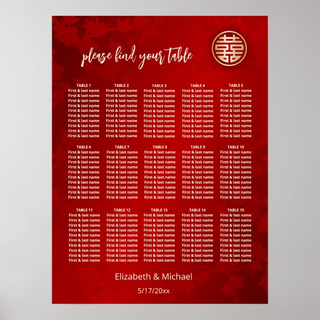 Floral Red Chinese Wedding Seating Chart (Front)