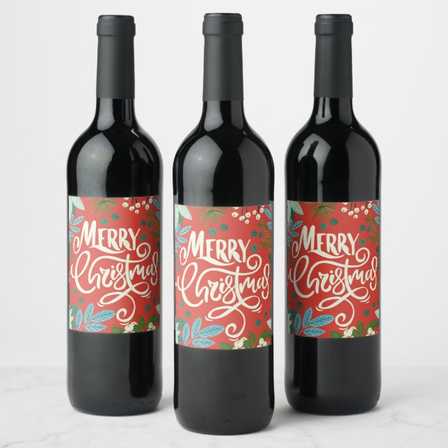Floral red Christmas Classic  Wine Label (Bottles)