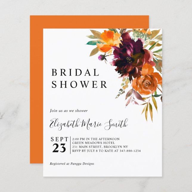 Floral Red Fall Budget Bridal Shower Invitation (Front/Back)