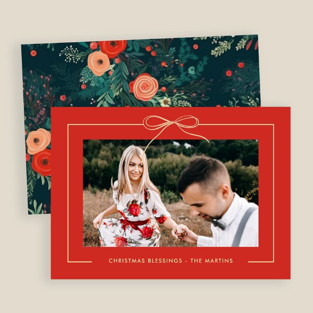 Floral Red Festive Bow Framed Photo Christmas  Holiday Card (Creator Uploaded)