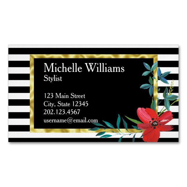 Floral Red Flowers Black White Stripes Gold Border Magnetic Business Card (Front)