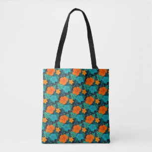 Floral Red Flowers Pattern With Black Background Tote Bag