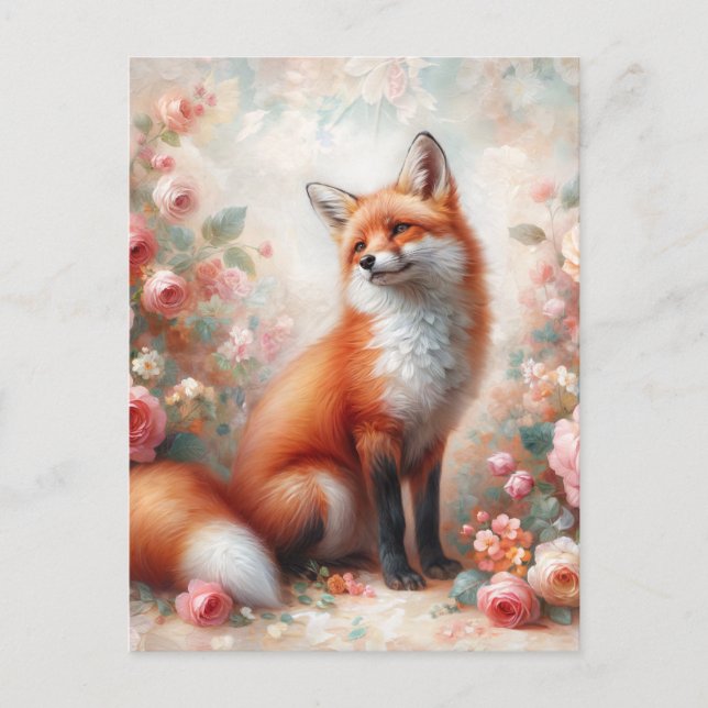 Floral Red Fox in Rose Garden Postcard (Front)