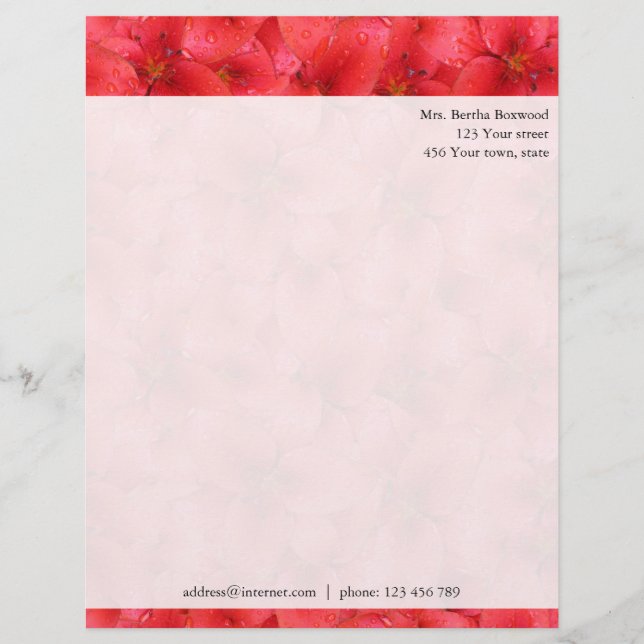Floral Red Garden Lilies Botanical Custom Address Letterhead Template (Front)