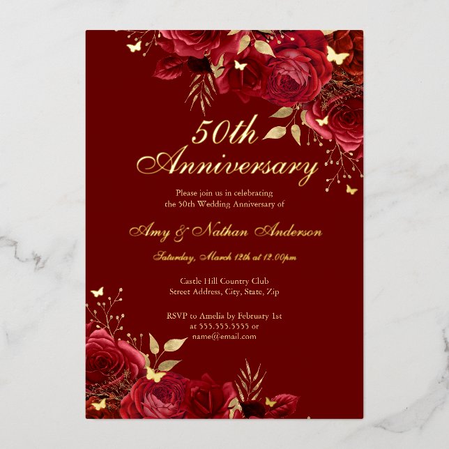 Floral Red Gold 50th Wedding Anniversary (Front)