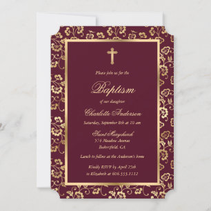 Floral Red Gold Cross Script Baptism Invitation