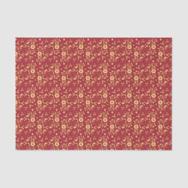 Floral Red Gold Stars Christmas Party Metallic Tissue Paper (Front)