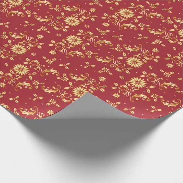 Floral Red Gold Stars Christmas Party Metallic Wrapping Paper (Corner)
